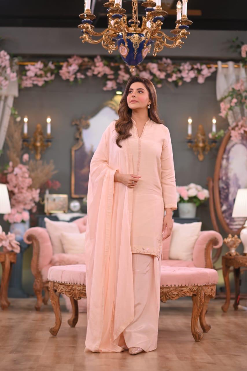 Sajal Peach Pink Korean Raw Silk 3-Piece