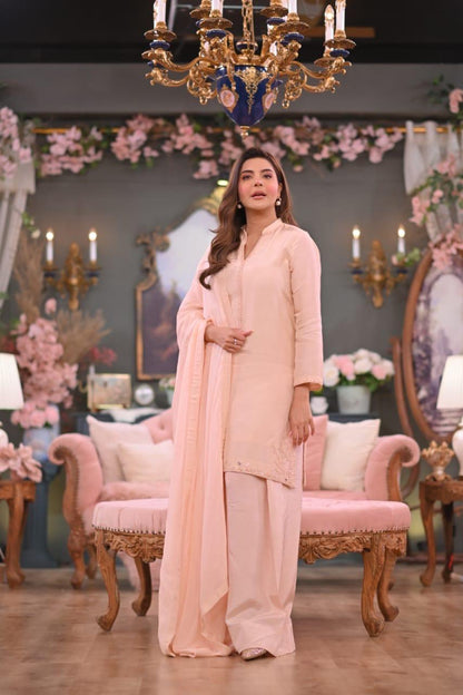 Sajal Peach Pink Korean Raw Silk 3-Piece