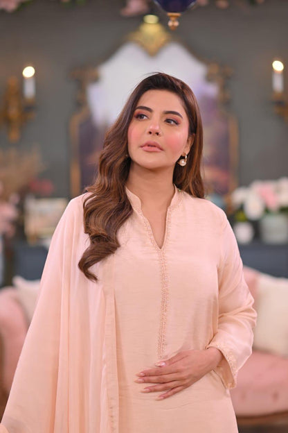 Sajal Peach Pink Korean Raw Silk 3-Piece