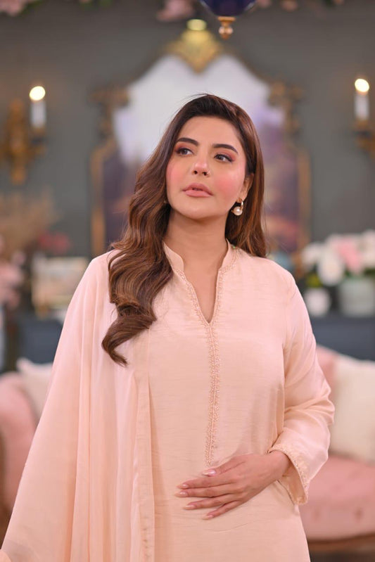 Sajal Peach Pink Korean Raw Silk 3-Piece