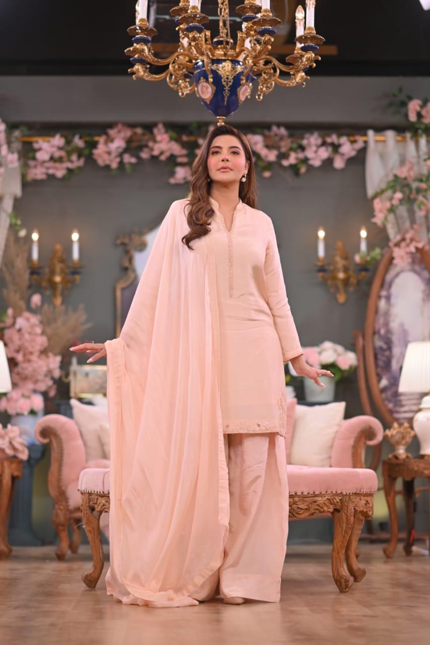 Sajal Peach Pink Korean Raw Silk 3-Piece