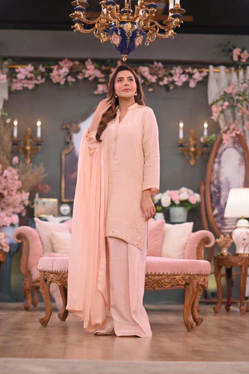 Sajal Peach Pink Korean Raw Silk 3-Piece