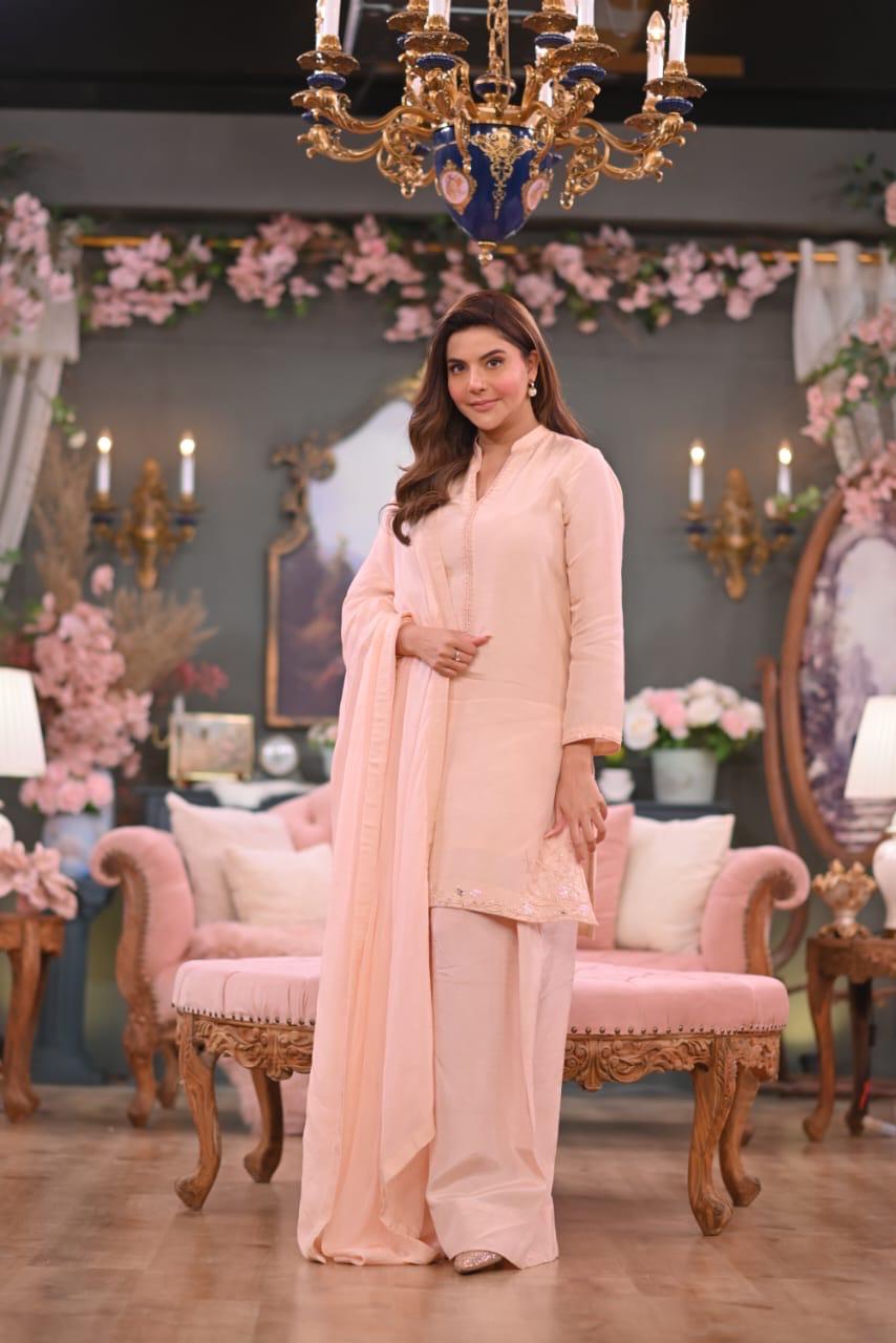 Sajal Peach Pink Korean Raw Silk 3-Piece