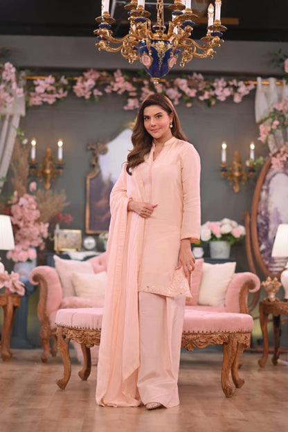 Sajal Peach Pink Korean Raw Silk 3-Piece