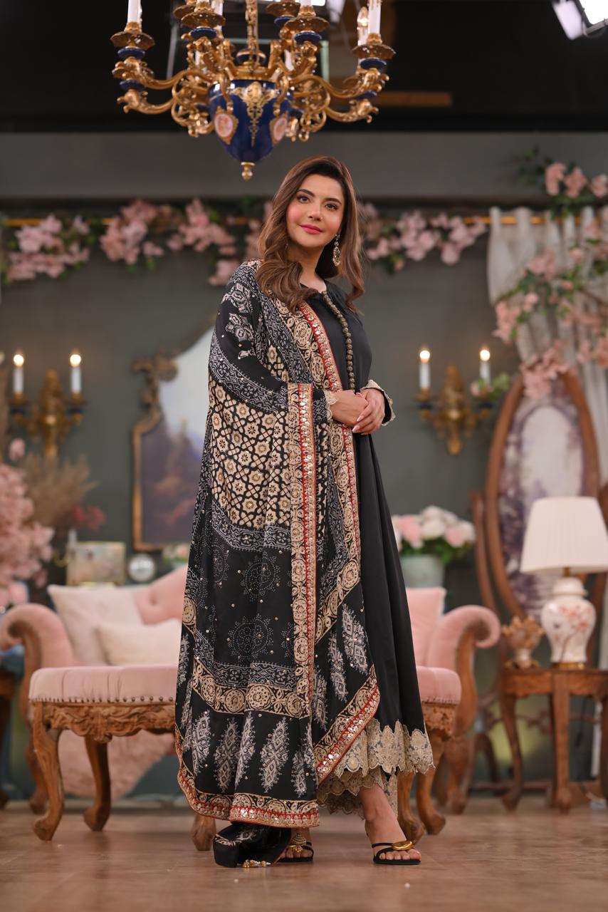 Stunning Black Anarkali Ajrak Outfit